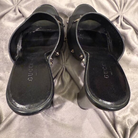 GUCCI BLACK LEATHER CLOGS ROUND HEEL WITH SILVER HARDWARE - Picture 7 of 12